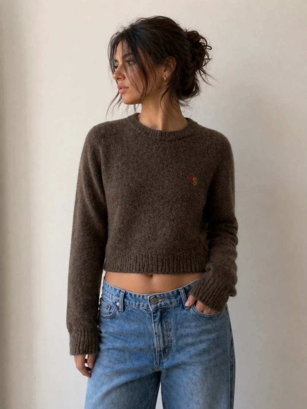 Acne Studios 100% Wool Sweater Womens S/M Brown Cropped Crewneck Luxury Knit - Picture 1 of 11